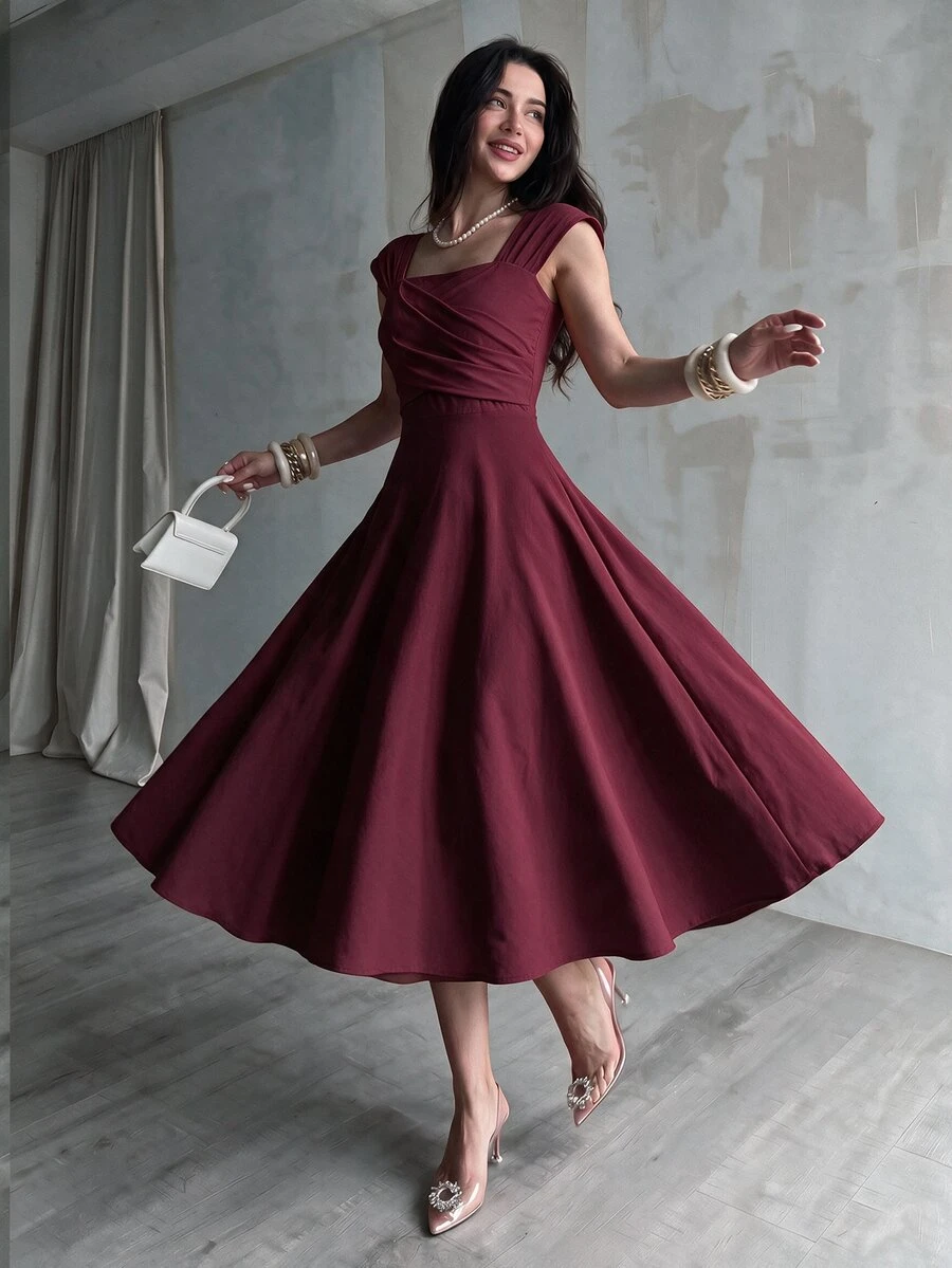 Modelyn High Waist Draped Swing Casual Tea Length Gown Elegant Modest Smart Casual Chic Seaside Lakeside Sightseeing Outing Vacation