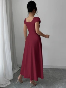 Modelyn High Waist Draped Swing Casual Tea Length Gown Elegant Modest Smart Casual Chic Seaside Lakeside Sightseeing Outing Vacation - Burgundy - View 3