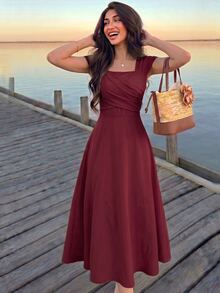 Modelyn High Waist Draped Swing Casual Tea Length Gown Elegant Modest Smart Casual Chic Seaside Lakeside Sightseeing Outing Vacation - Burgundy - View 8