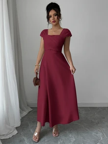 Modelyn High Waist Draped Swing Casual Tea Length Gown Elegant Modest Smart Casual Chic Seaside Lakeside Sightseeing Outing Vacation - Burgundy - View 6