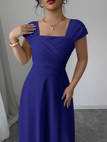 Modelyn Solid Royal Blue Square Neck Cap Sleeve Front Cross Ruched High Waist Swing Midi Flow Dress Back-To-School Season Wedding Party Night Dinner - Navy Blue - View 8