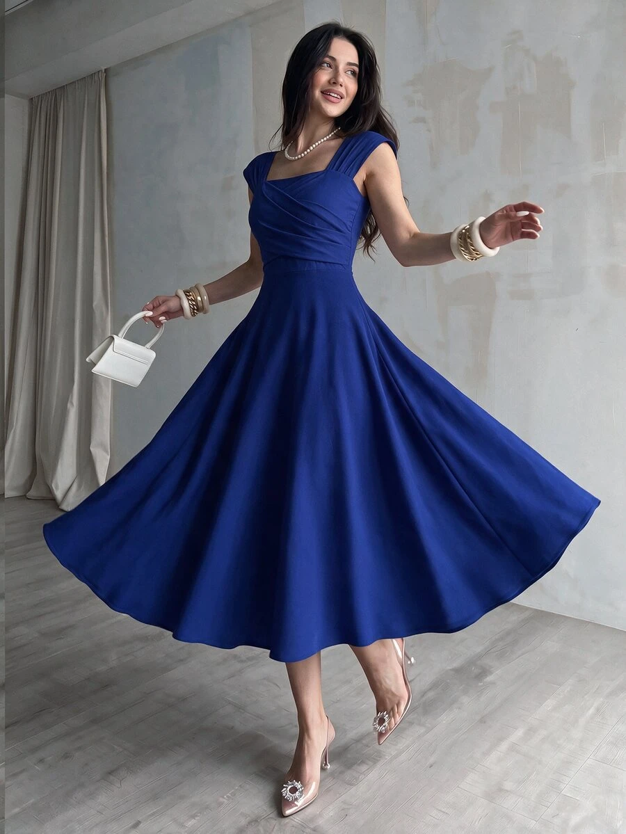Modelyn Solid Royal Blue Square Neck Cap Sleeve Front Cross Ruched High Waist Swing Midi Flow Dress Back-To-School Season Wedding Party Night Dinner - Navy Blue - View 1