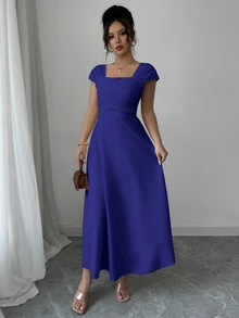 Modelyn Solid Royal Blue Square Neck Cap Sleeve Front Cross Ruched High Waist Swing Midi Flow Dress Back-To-School Season Wedding Party Night Dinner - Navy Blue - View 7