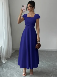 Modelyn Solid Royal Blue Square Neck Cap Sleeve Front Cross Ruched High Waist Swing Midi Flow Dress Back-To-School Season Wedding Party Night Dinner - Navy Blue - View 4