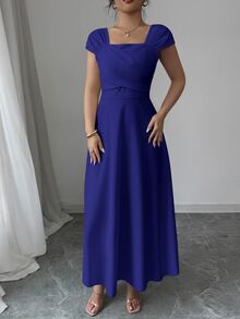 Modelyn Solid Royal Blue Square Neck Cap Sleeve Front Cross Ruched High Waist Swing Midi Flow Dress Back-To-School Season Wedding Party Night Dinner - Navy Blue - View 6