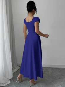 Modelyn Solid Royal Blue Square Neck Cap Sleeve Front Cross Ruched High Waist Swing Midi Flow Dress Back-To-School Season Wedding Party Night Dinner - Navy Blue - View 2