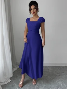 Modelyn Solid Royal Blue Square Neck Cap Sleeve Front Cross Ruched High Waist Swing Midi Flow Dress Back-To-School Season Wedding Party Night Dinner - Navy Blue - View 5