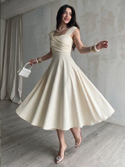 Modelyn 優雅浪漫乳白色夏季女款洋裝，方領短袖百褶腰A字版型飄逸連身裙，適合辦公室、雞尾酒會、約會、婚禮賓客