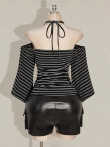 SHEIN ICON Y2K复古条纹露肩喇叭袖吊带时尚T恤，前卫街头风，休闲喇叭袖露肩条纹针织上衣 - 彩色 - 查看 3