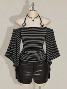SHEIN ICON Y2K复古条纹露肩喇叭袖吊带时尚T恤，前卫街头风，休闲喇叭袖露肩条纹针织上衣 - 彩色 - 查看 7
