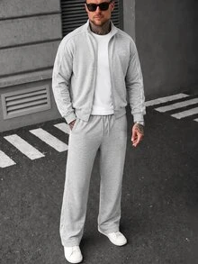 SLATEMANN Men Sweatshirt Co-Ords Men's Long-Sleeve Zip-Up Jacket And Pants Set Featuring Letter Embroidery And Panel Stitching; A Loose, Comfortable Fit Suitabl - Grey - View 6
