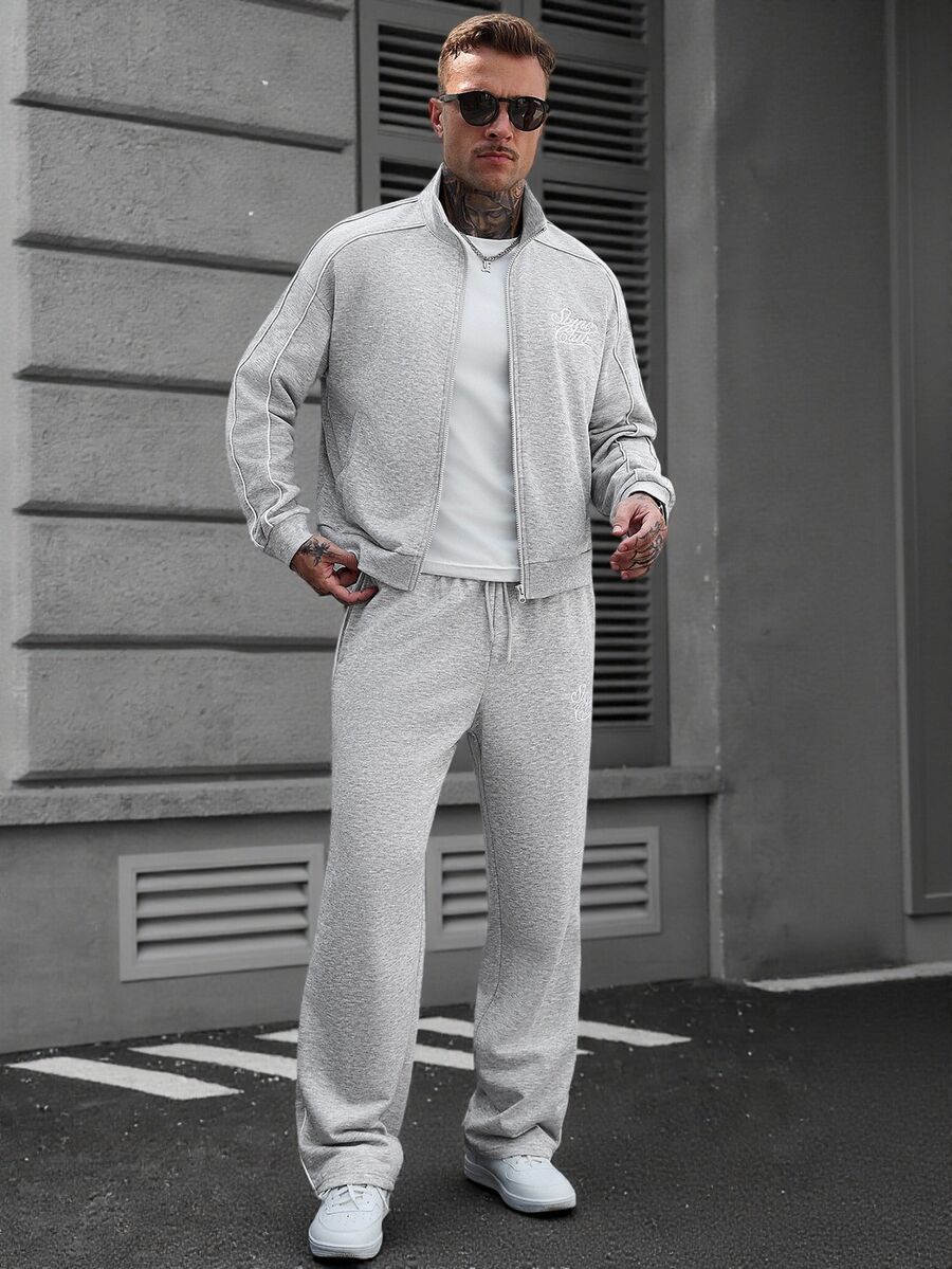 SLATEMANN Men Sweatshirt Co-Ords Men's Long-Sleeve Zip-Up Jacket And Pants Set Featuring Letter Embroidery And Panel Stitching; A Loose, Comfortable Fit Suitabl - Grey - View 1