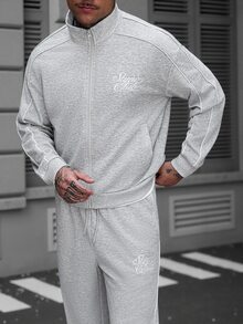 SLATEMANN Men Sweatshirt Co-Ords Men's Long-Sleeve Zip-Up Jacket And Pants Set Featuring Letter Embroidery And Panel Stitching; A Loose, Comfortable Fit Suitabl - Grey - View 8