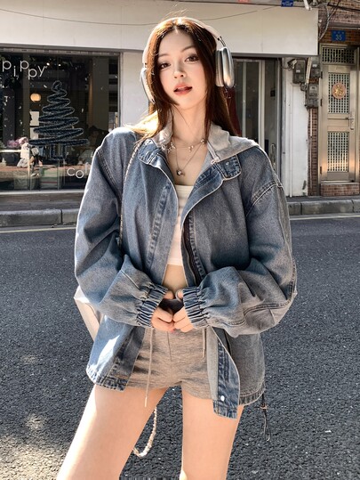 DAZY Jaket dan Mantel Denim Washed Gaya Korea Berkerudung dengan Blok Warna untuk Wanita, Atasan yang Lucu