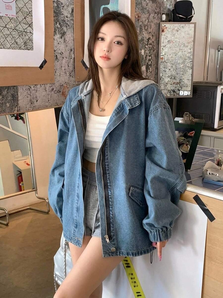 DAZY Women's Hooded Color Block Korean Style Washed Denim Jacket And Coat Cute Tops - Blue - View 1