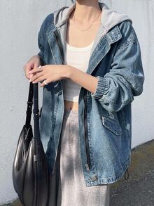 DAZY Women's Hooded Color Block Korean Style Washed Denim Jacket And Coat Cute Tops - Blue - View 8