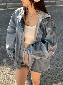 DAZY Women's Hooded Color Block Korean Style Washed Denim Jacket And Coat Cute Tops - Blue - View 3