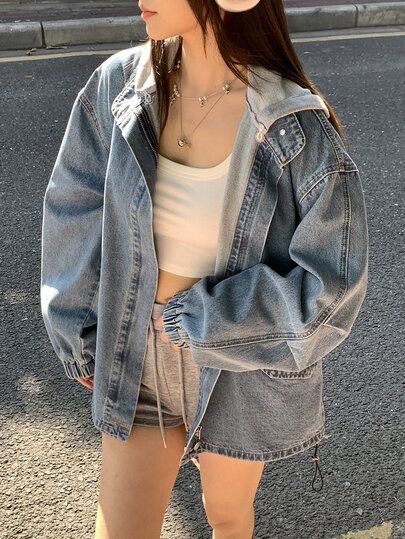 DAZY Women's Hooded Color Block Korean Style Washed Denim Jacket And Coat Cute Tops