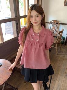 DAZY Women's Plaid Collar Fresh Korean Style All-Over Print Shirt Summer School - Red - View 3