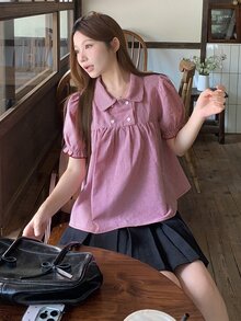 DAZY Women's Plaid Collar Fresh Korean Style All-Over Print Shirt Summer School - Red - View 6