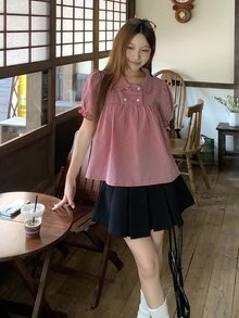 DAZY Women's Plaid Collar Fresh Korean Style All-Over Print Shirt Summer School - Red - View 5