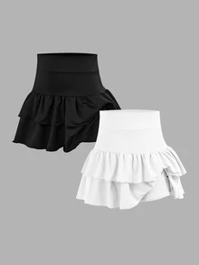 Maija Kids Maija Kids Tween Girls 2 Packs Knitted Solid Color Cute Modest Ruffle Layered Built-In Shorts Mini Skirt,Black And White,Summer,Casual,Tennis,Y2K Fashion,Skort - Multicolor - View 3