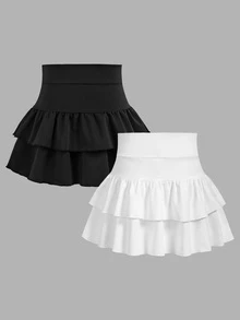 Maija Kids Maija Kids Tween Girls 2 Packs Knitted Solid Color Cute Modest Ruffle Layered Built-In Shorts Mini Skirt,Black And White,Summer,Casual,Tennis,Y2K Fashion,Skort - Multicolor - View 4