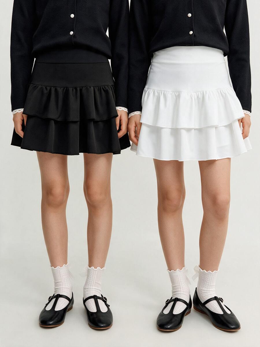 Maija Kids Maija Kids Tween Girls 2 Packs Knitted Solid Color Cute Modest Ruffle Layered Built-In Shorts Mini Skirt,Black And White,Summer,Casual,Tennis,Y2K Fashion,Skort - Multicolor - View 1