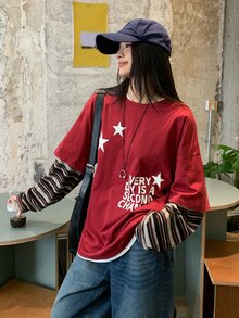 DAZY Women's Round Neck Contrast Stripe Korean Style Print Long Sleeve T-Shirt Cute Tops - Red - View 4