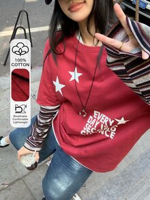 DAZY Women's Round Neck Contrast Stripe Korean Style Print Long Sleeve T-Shirt Cute Tops - Red - View 12