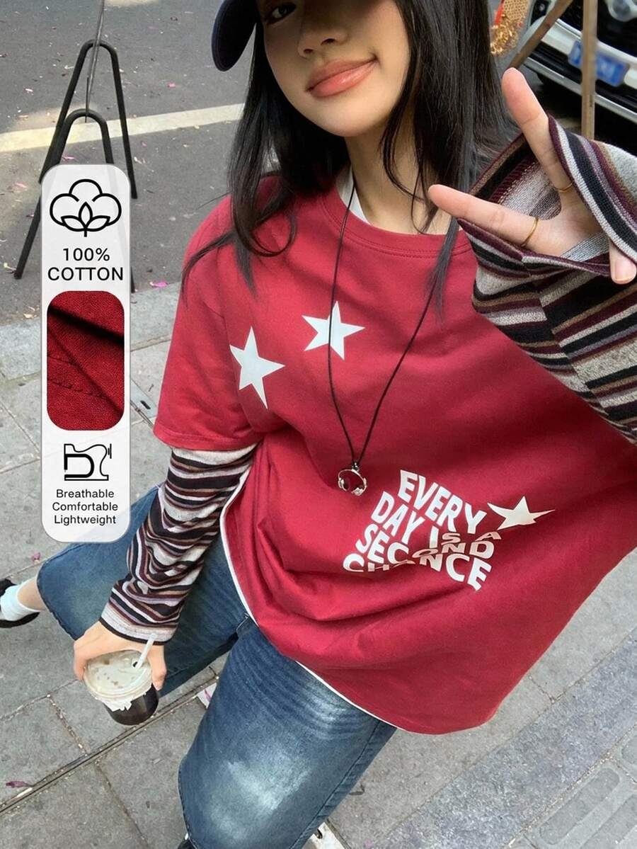 DAZY Women's Round Neck Contrast Stripe Korean Style Print Long Sleeve T-Shirt Cute Tops - Red - View 1