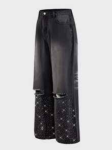 CalleClaro 男士水洗口袋水鑽裝飾破洞寬腿牛仔褲 - 黑色 - 查看 10