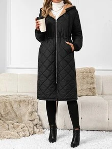 SHEIN Clasi Women's Hooded Padded Coat With Zipper And Pockets, Winter - Black - View 7