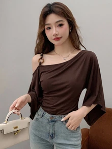 DAZY Women's Off-Shoulder Casual Solid Color T-Shirt, Summer - Coffee Brown - View 7