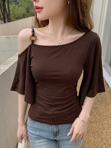 DAZY Women's Off-Shoulder Casual Solid Color T-Shirt, Summer - Coffee Brown - View 4