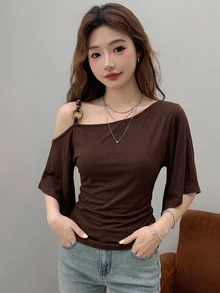 DAZY Women's Off-Shoulder Casual Solid Color T-Shirt, Summer - Coffee Brown - View 5