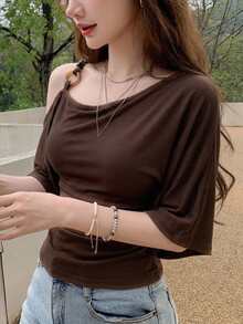 DAZY Women's Off-Shoulder Casual Solid Color T-Shirt, Summer - Coffee Brown - View 9