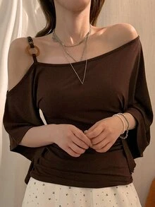 DAZY Women's Off-Shoulder Casual Solid Color T-Shirt, Summer - Coffee Brown - View 6