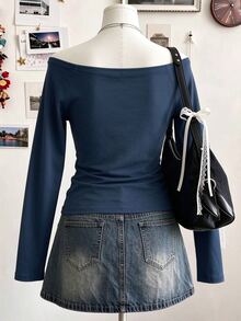Trelyra Women's Solid Color Casual Versatile Daily Long Sleeve Top - Blue - View 2