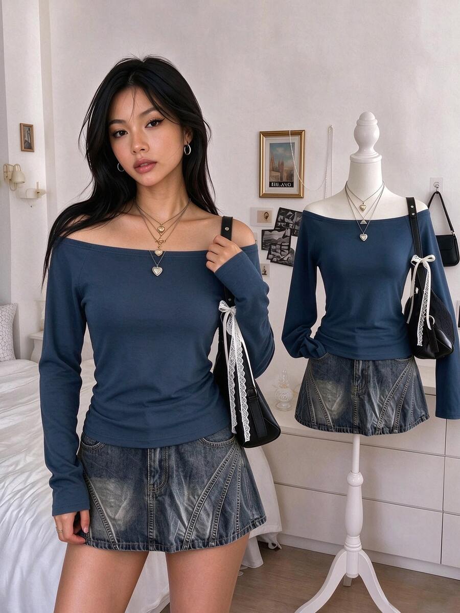 Trelyra Women's Solid Color Casual Versatile Daily Long Sleeve Top - Blue - View 1