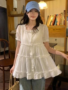 DAZY Women's White Square Collar Ruffle Trim Loose Casual Blouse With Puff Sleeves, Flattering Summer Cute Tops - White - View 3