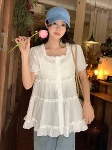 DAZY Women's White Square Collar Ruffle Trim Loose Casual Blouse With Puff Sleeves, Flattering Summer Cute Tops - White - View 10