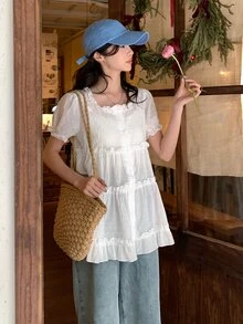 DAZY Women's White Square Collar Ruffle Trim Loose Casual Blouse With Puff Sleeves, Flattering Summer Cute Tops - White - View 9