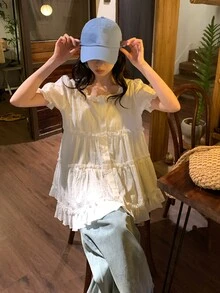 DAZY Women's White Square Collar Ruffle Trim Loose Casual Blouse With Puff Sleeves, Flattering Summer Cute Tops - White - View 6
