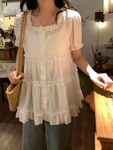 DAZY Women's White Square Collar Ruffle Trim Loose Casual Blouse With Puff Sleeves, Flattering Summer Cute Tops - White - View 2