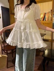 DAZY Women's White Square Collar Ruffle Trim Loose Casual Blouse With Puff Sleeves, Flattering Summer Cute Tops - White - View 12