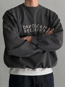 DAZY 春秋灰色寬鬆版型短款圓領運動衫，羅紋下擺與袖口，字母刺繡男士套頭衫 - 灰色 - 查看 2