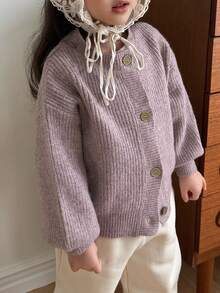 Dazy Kids 年轻女孩纯色落肩长袖单排扣休闲开衫，秋冬 - 棕色 - 查看 3