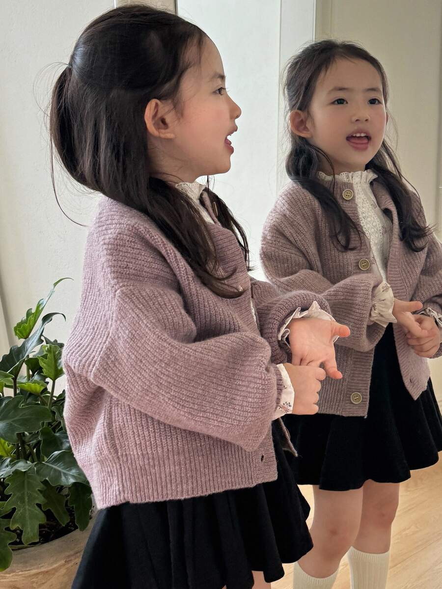 Dazy Kids 年轻女孩纯色落肩长袖单排扣休闲开衫,秋冬 - 棕色 - 查看 1