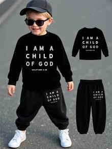 SHEIN Young Boys 1 Set Casual Fashion Letter Slogan Graphic Print Black Round-Neck Sweatshirt And Sweatpants Set, Suitable For Fall Winter Outward Dressing - Black - View 4